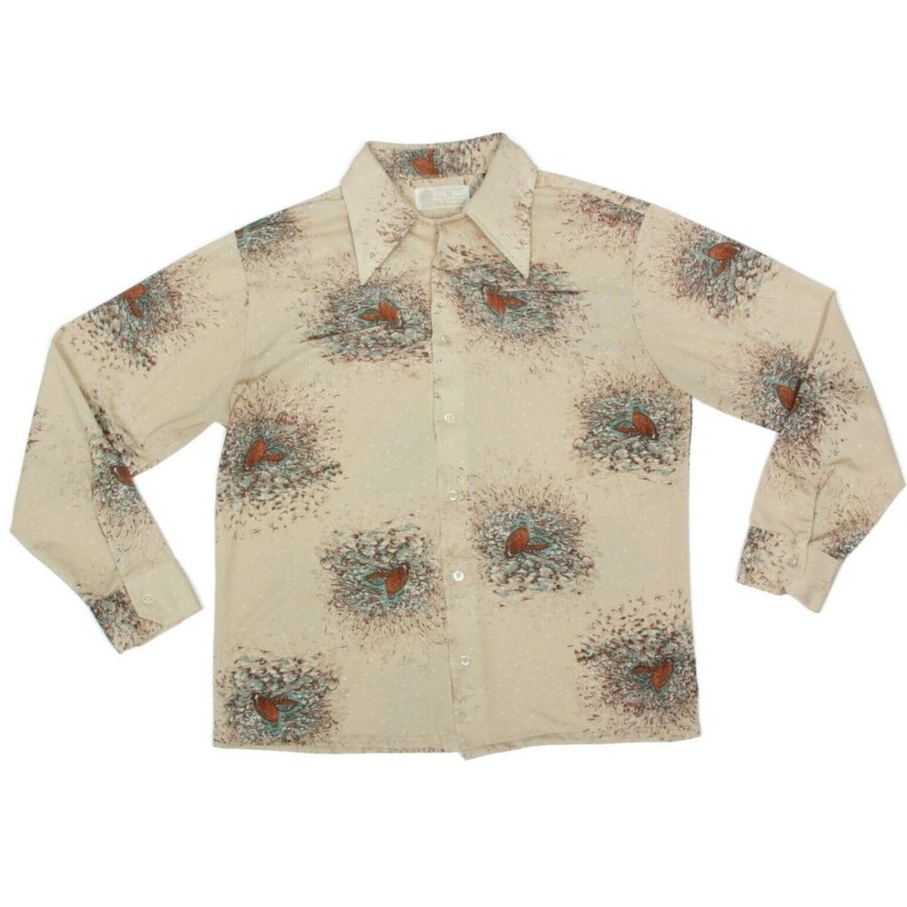 Vtg KING'S ROAD Sears 1970s Disco Phesant Quail Thanksgiving Mens Shirt XL /049